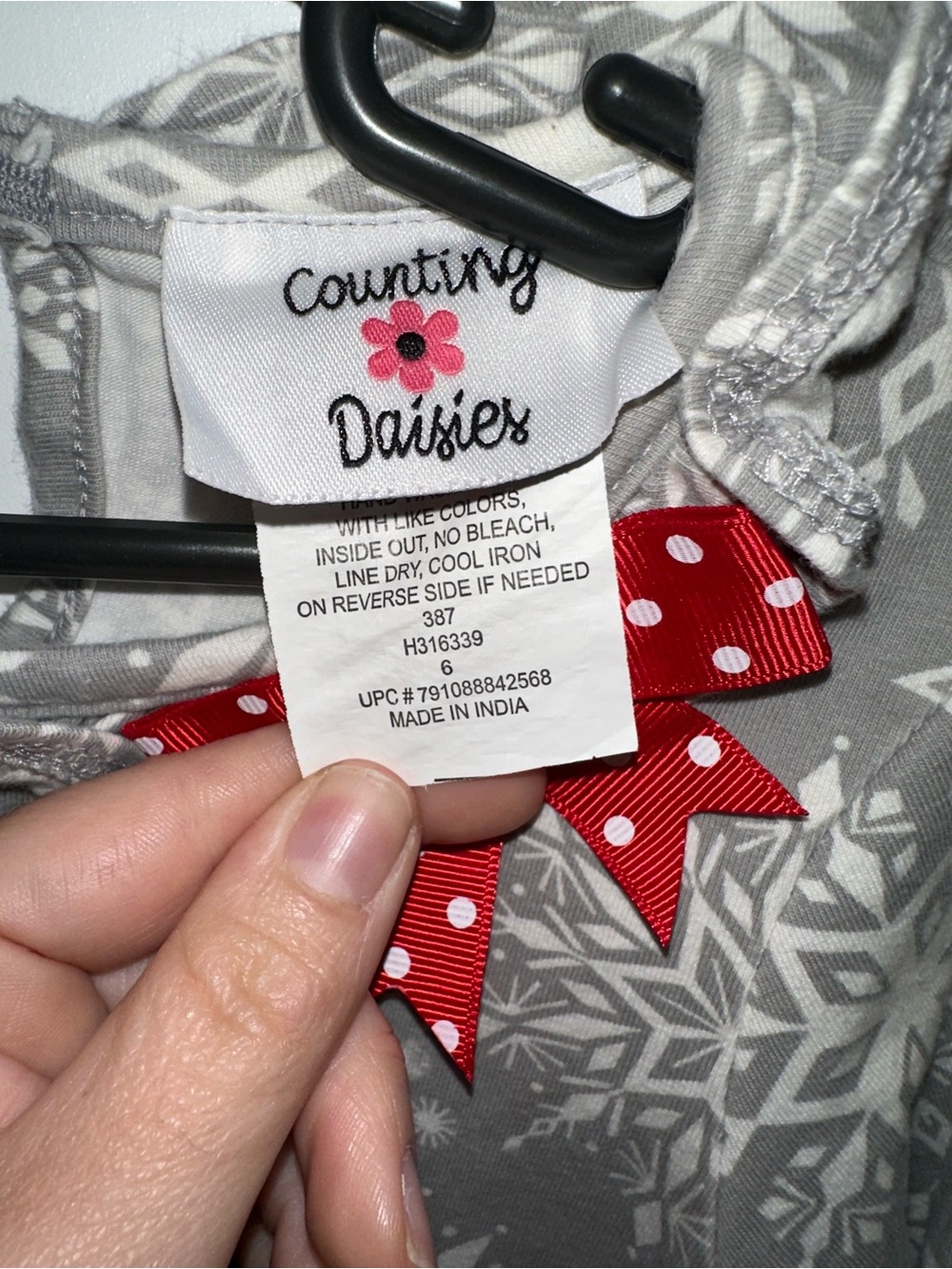 Girls' Gray Snowflake Dress with Red Bow and Reindeer Applique - Picture 2 of 3